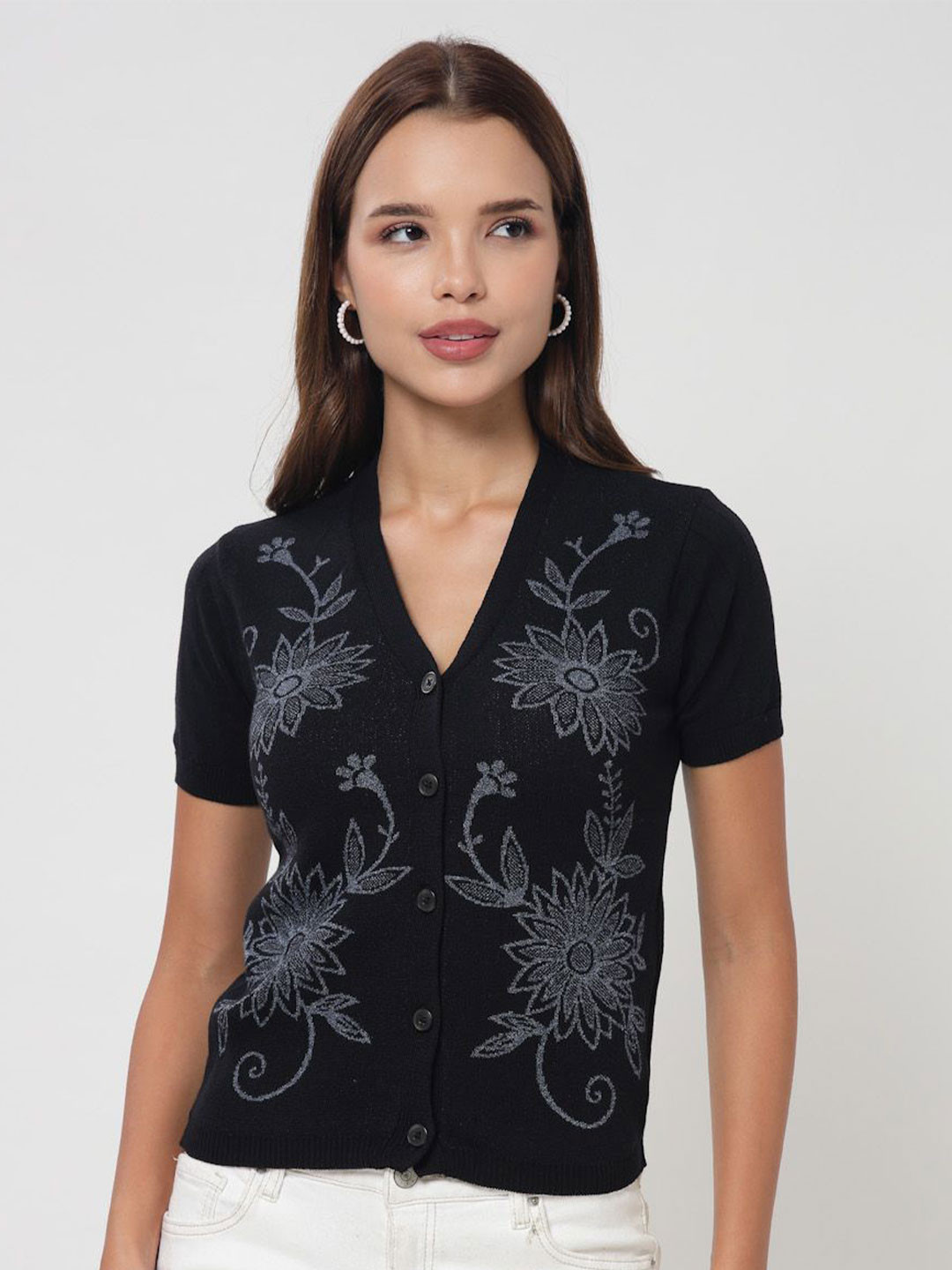 Kalt Women Floral Print Monochrome V-Neck Cardigan