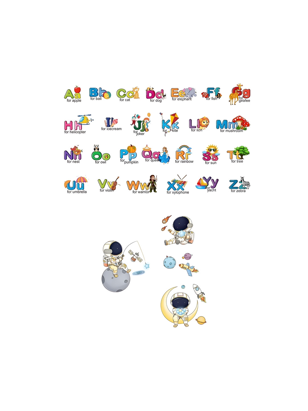 prettykrafts 2Pcs Yellow & Green Alphabets & Astronaut Wall Stickers