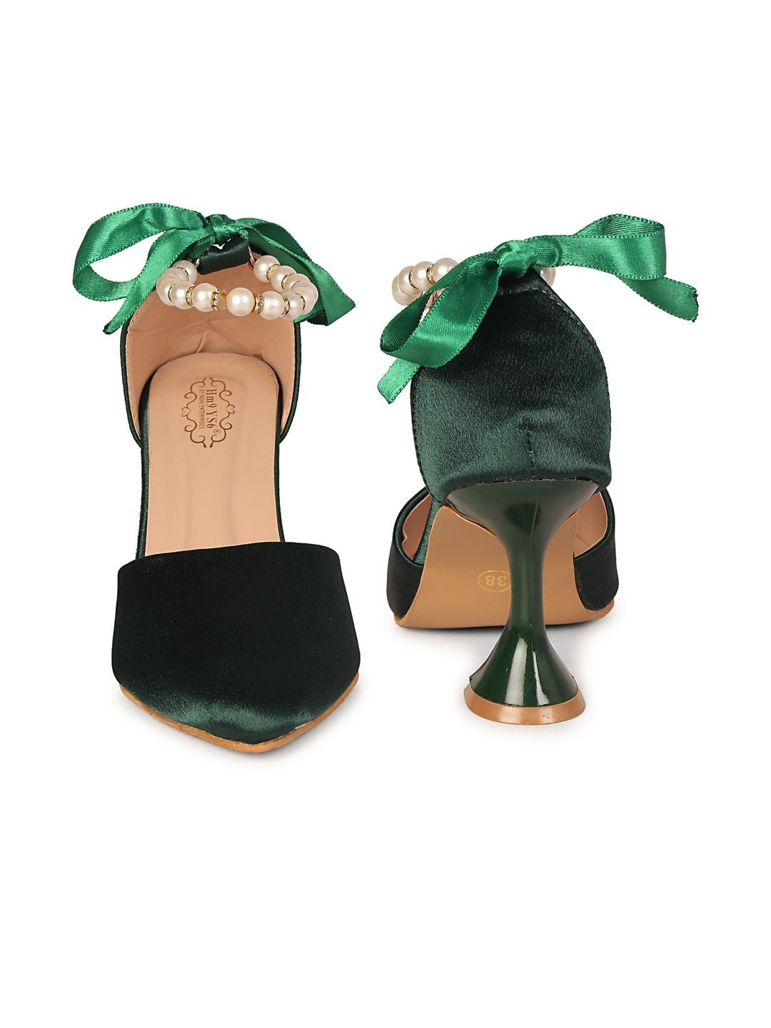 HM9 YS6 Women Green Synthetic Pearls Embellished Bow Block Heels