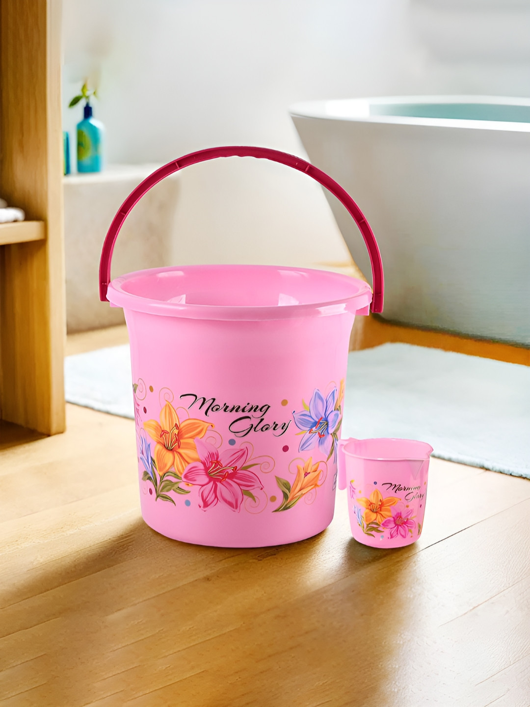 Aura Set of 2 Floral Plastic Bucket-18 L & Mug-500 ml Bathing Combo Set