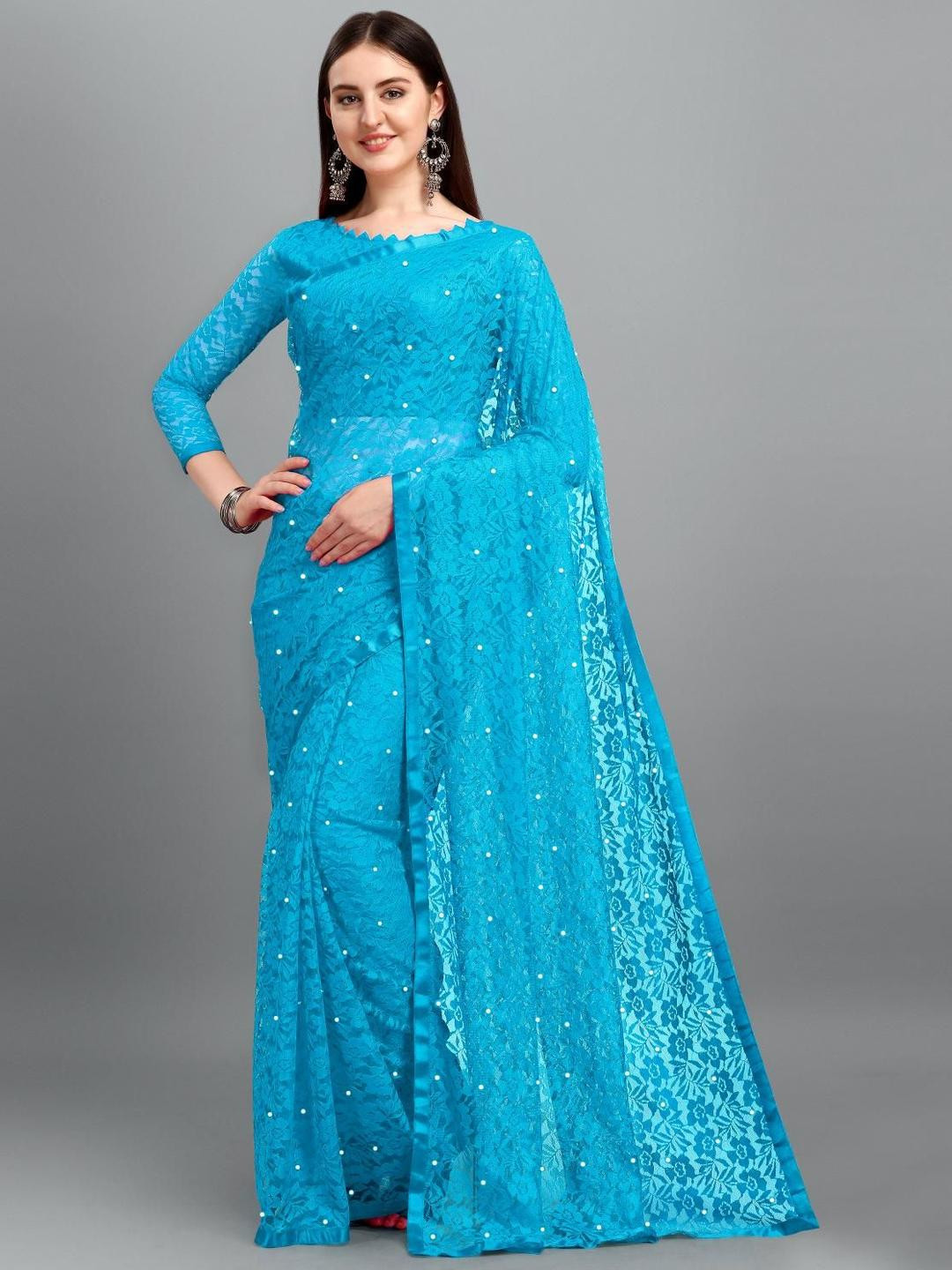 LOROFY Floral Embroidered Lightweight Net Brasso Saree with Blouse Piece