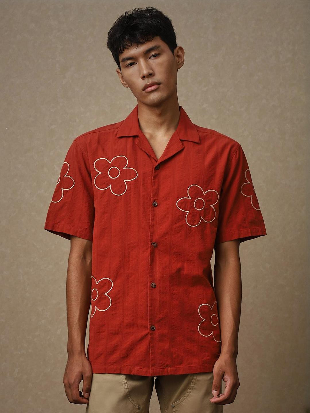 4 TRIPLE O FIVE O BY MUFTI Floral Embroidered Cuban Collar Oversized Cotton Shirt