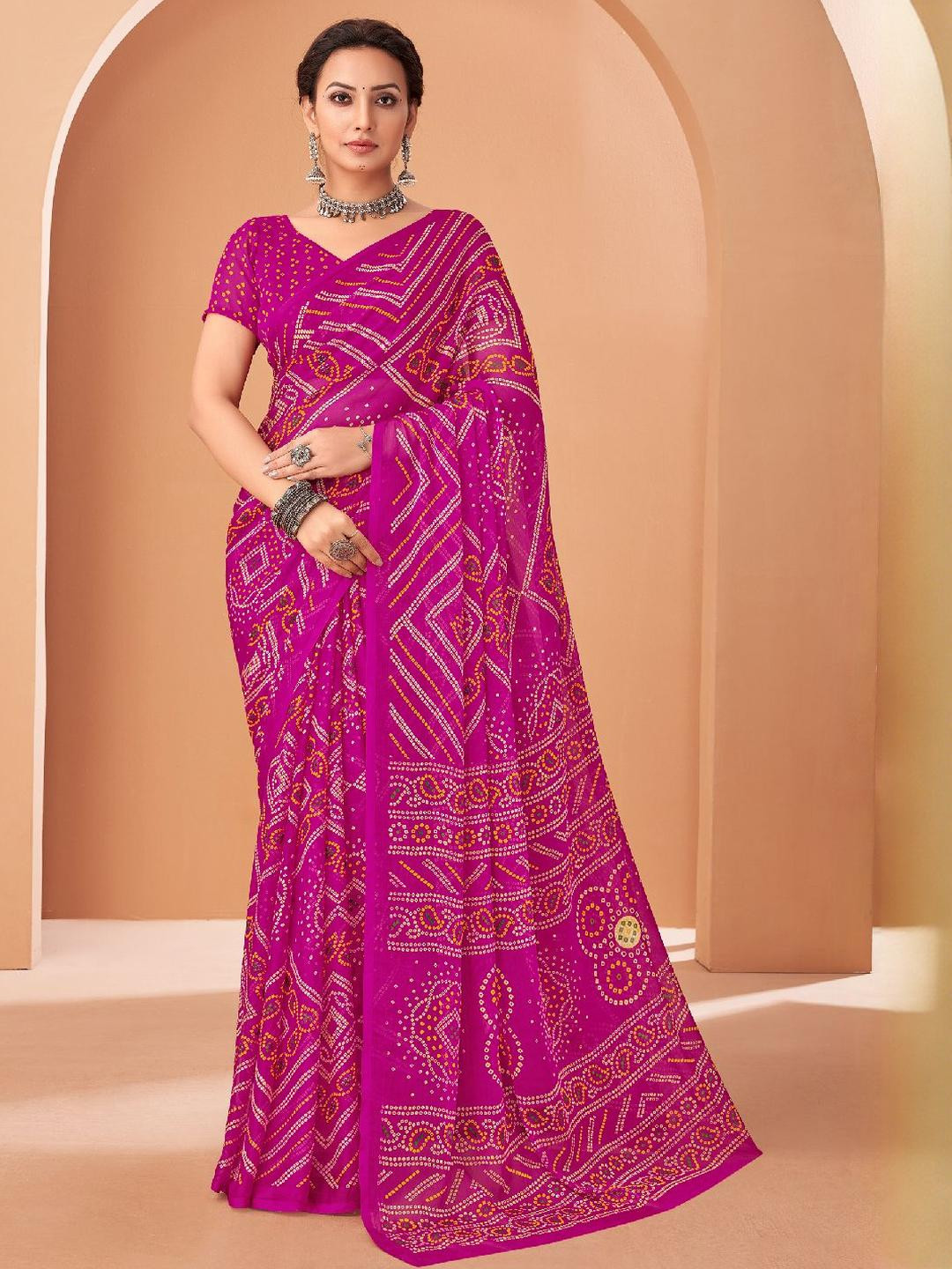 KALINI Pink B&hani Saree With Attached Lace & Matching Blouse Piece