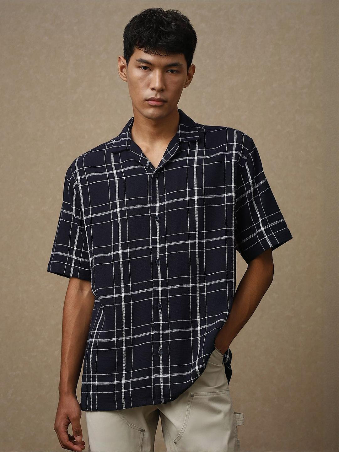 4 TRIPLE O FIVE O BY MUFTI Men Relaxed Fit Windowpane Checked Cotton Casual Shirt