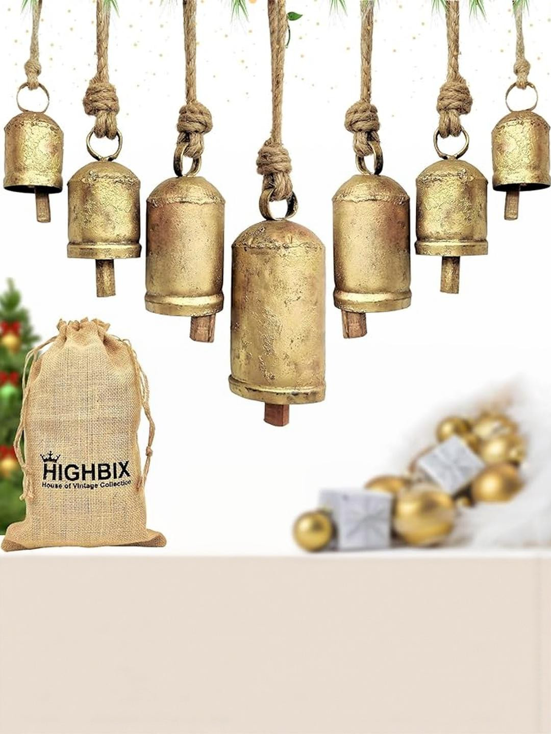 HIGHBIX Set of 7 Rustic Christmas Hanging Bells
