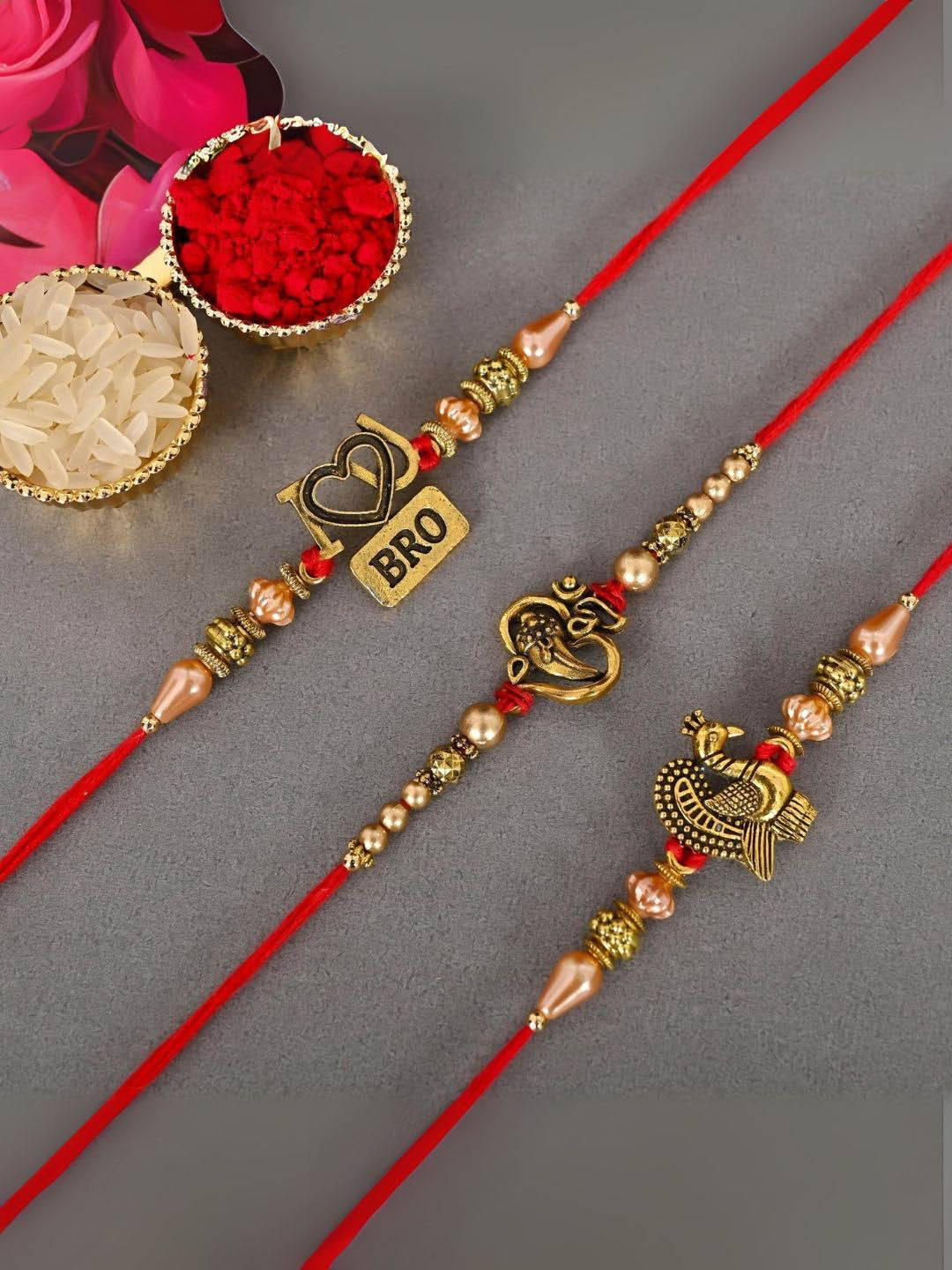 POORAK Set Of 3 Beaded Rakhi Gift Set With Greeting Card & Roli Chawal