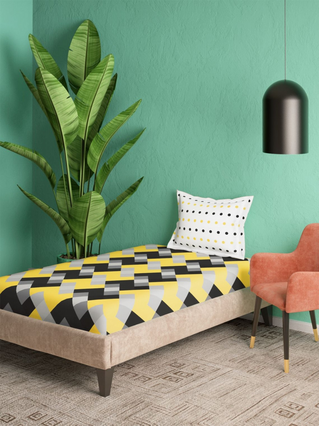 Portico Noir Harmony Yellow Printed Cotton 144 TC Single Bedsheet Set 2.24 m x 1.5 m