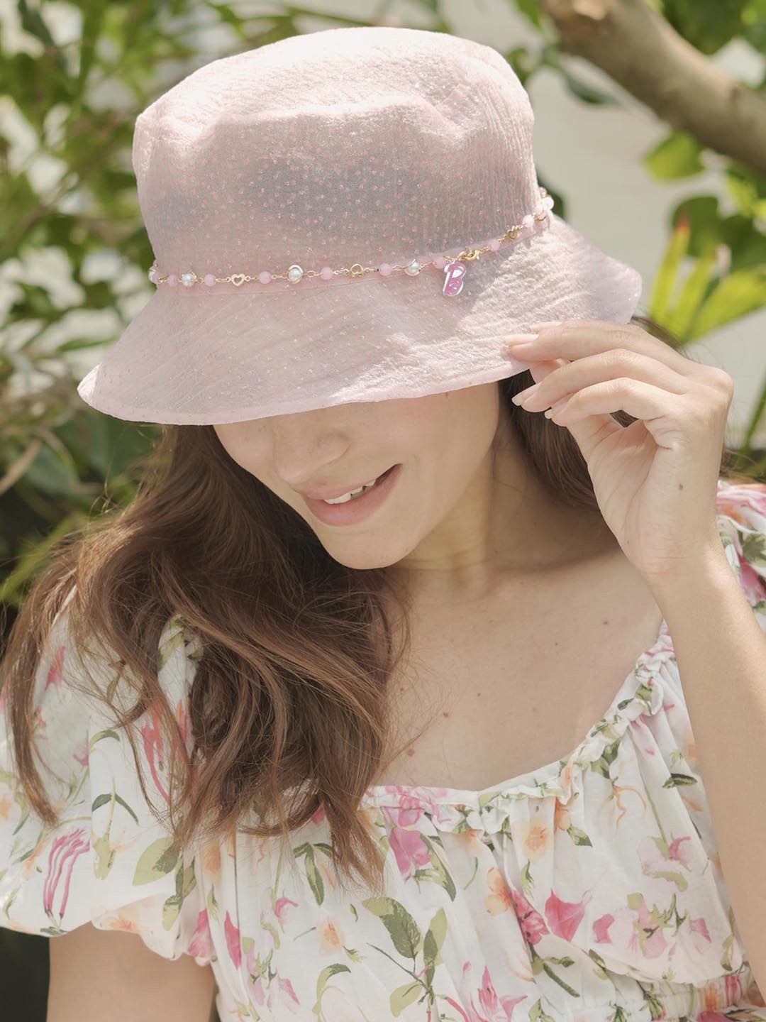 Hair Drama Co. Women Organza Beach Floppy Bucket Hat with Pearl Charms Pink