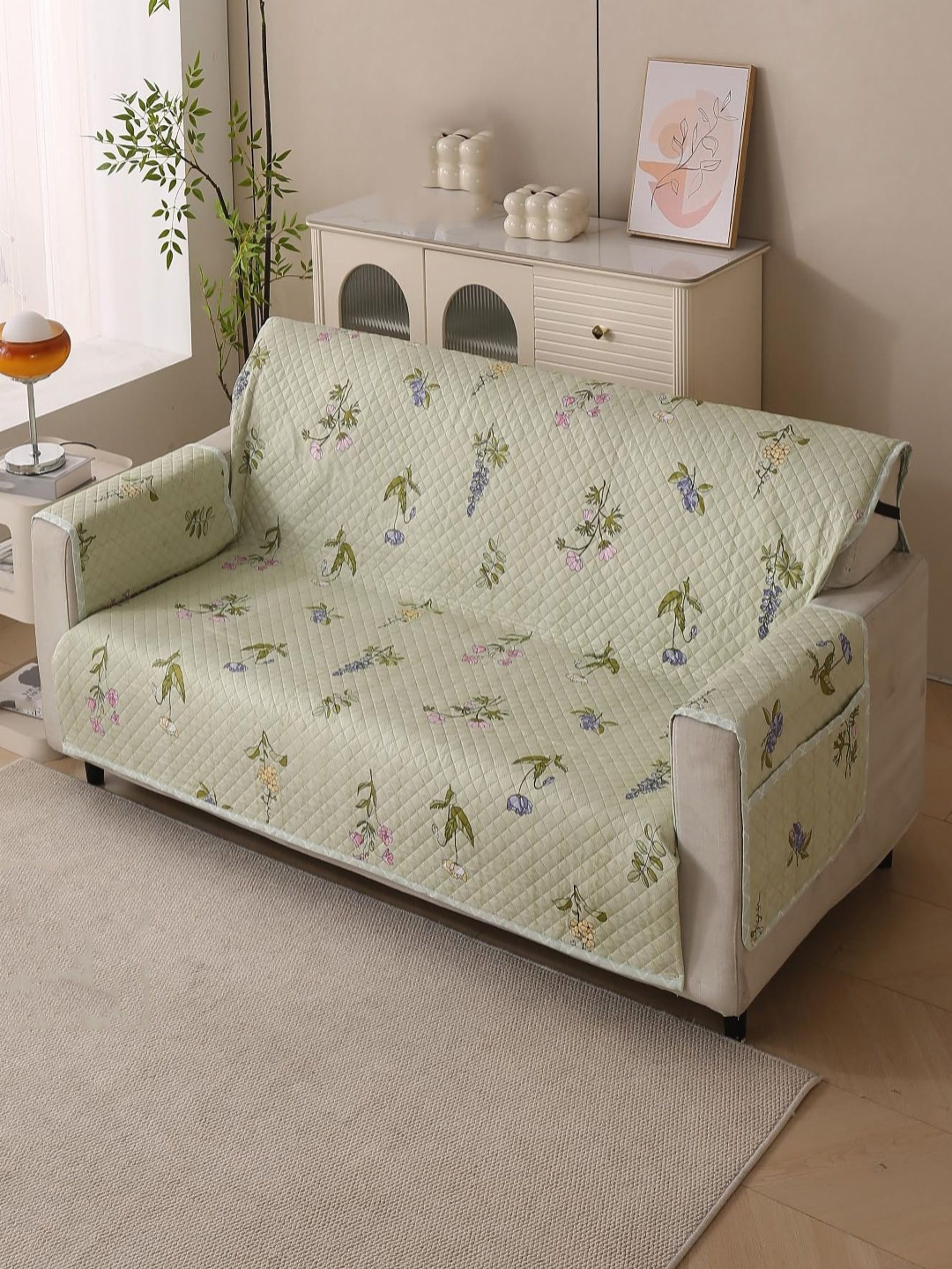 HOUSE OF QUIRK Three Seater Green & Yellow Printed Polyester 1 Piece Sofa Cover With Arms