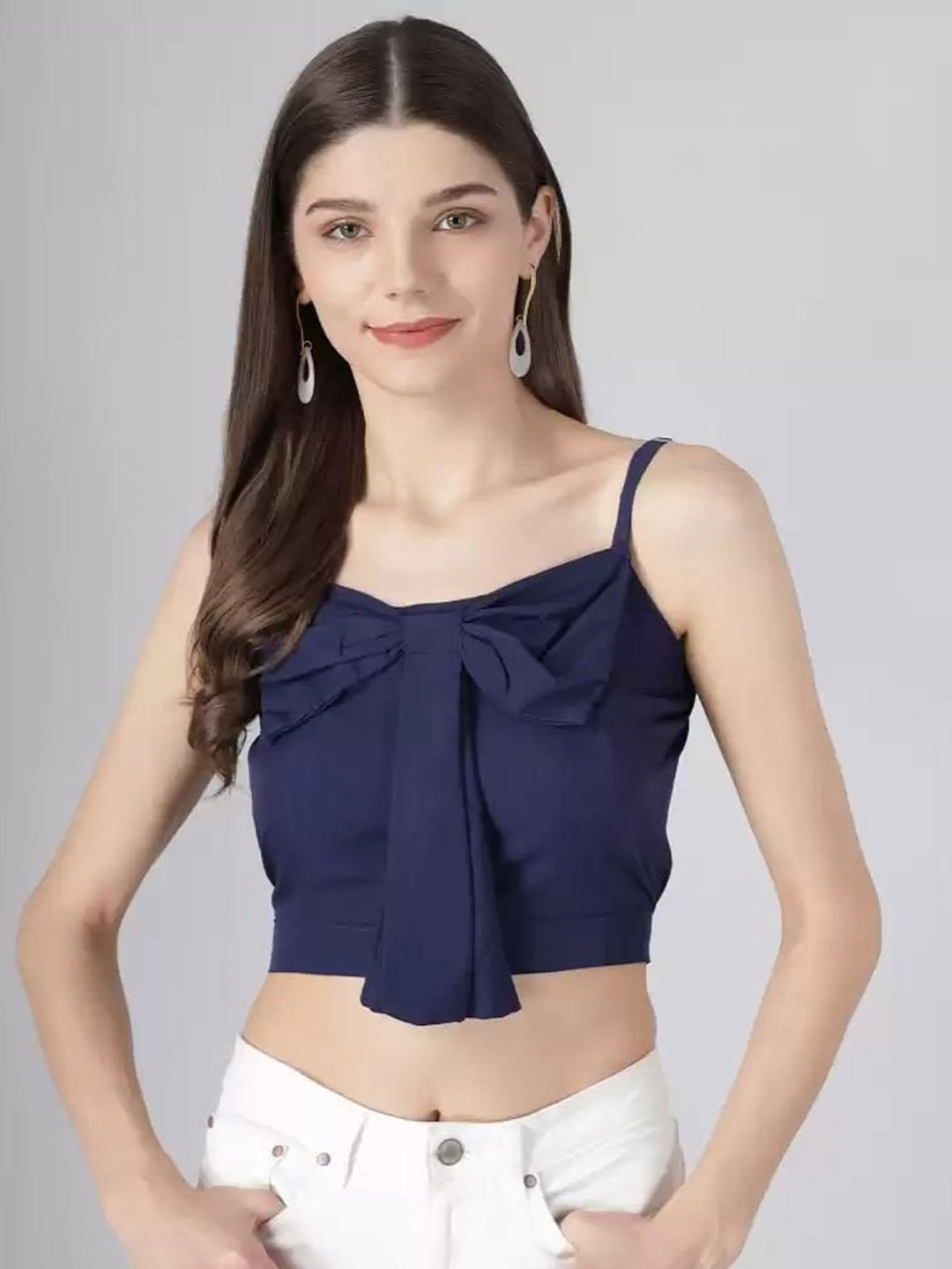 TANDUL Women Bow Shoulder Straps Sleeveless Crop Top