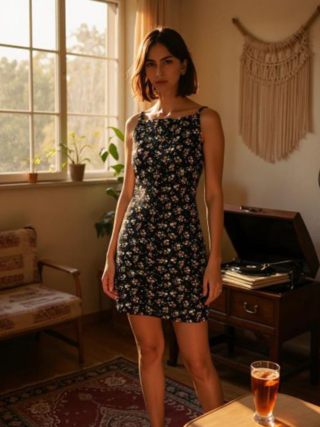 SFOTY Women Floral Printed Shoulder Straps Bodycon Mini Dress