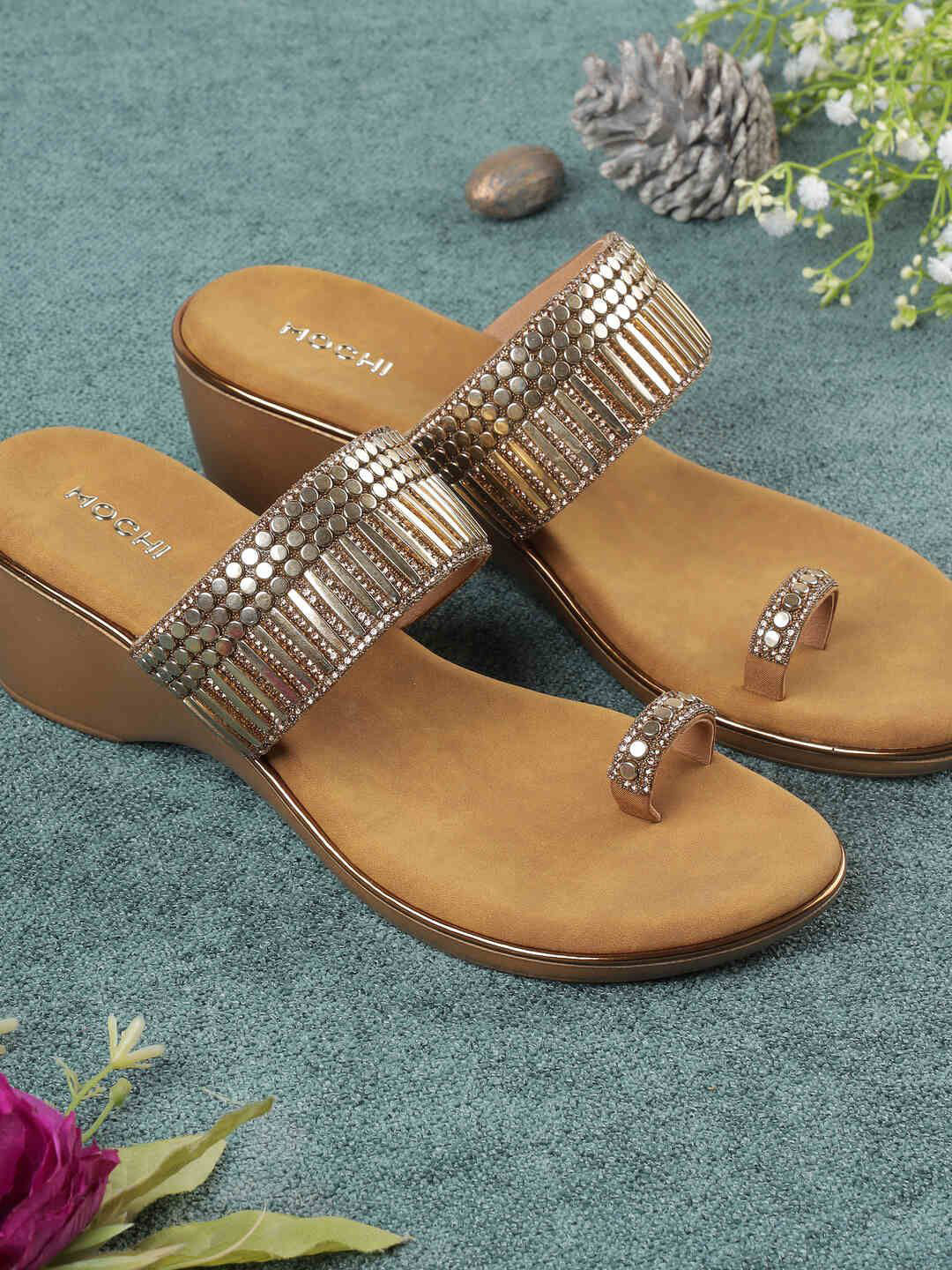 Mochi Women Open Toe Wedge Sandals with Ethnic - Embellished