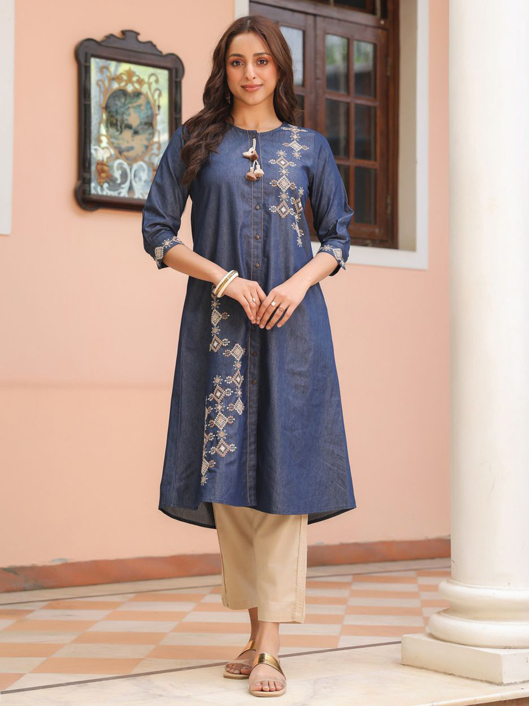 SAVI Women Ethnic Motifs Embroidered Daily Denim A-Line Kurta