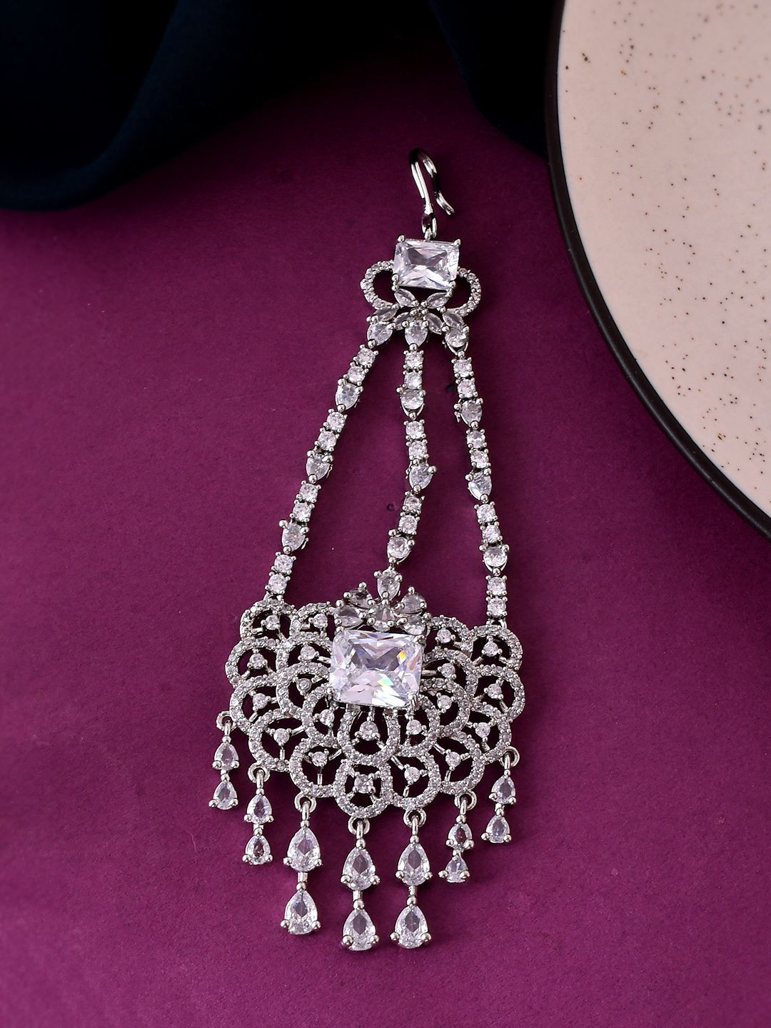 Silvermerc Designs Silver-Plated American Diamond Studded Bridal Paasa Maang Tikka