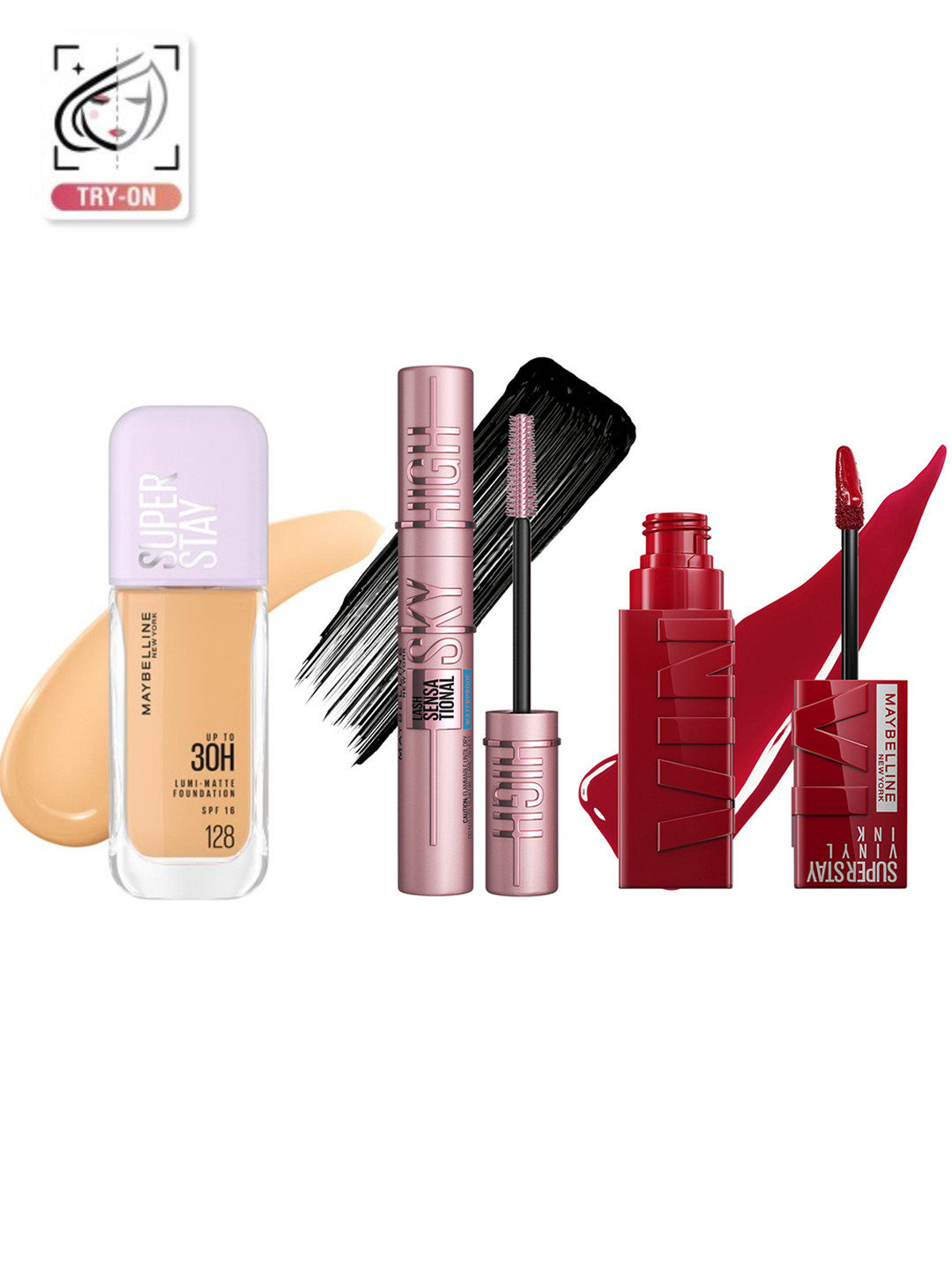 Maybelline Set of Superstay Vinyl Ink Lipstick + Lumi-Matte Foundation + Sky High Mascara