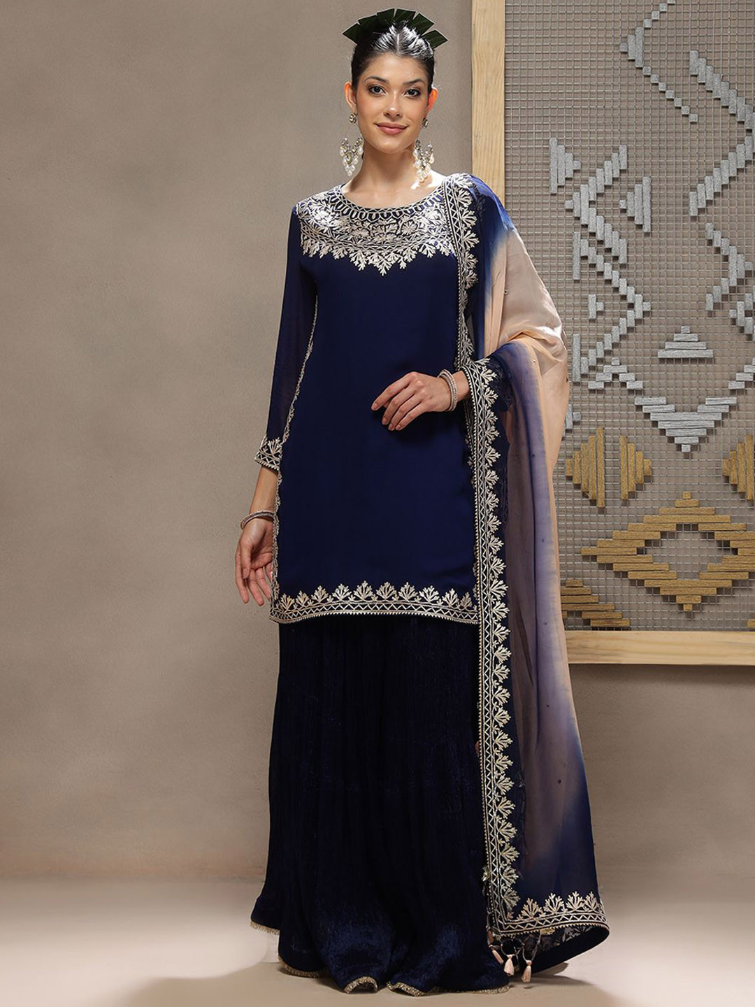 Kyra Floral Embroidered Round Neck Georgette Straight Kurta With Sharara & Dupatta