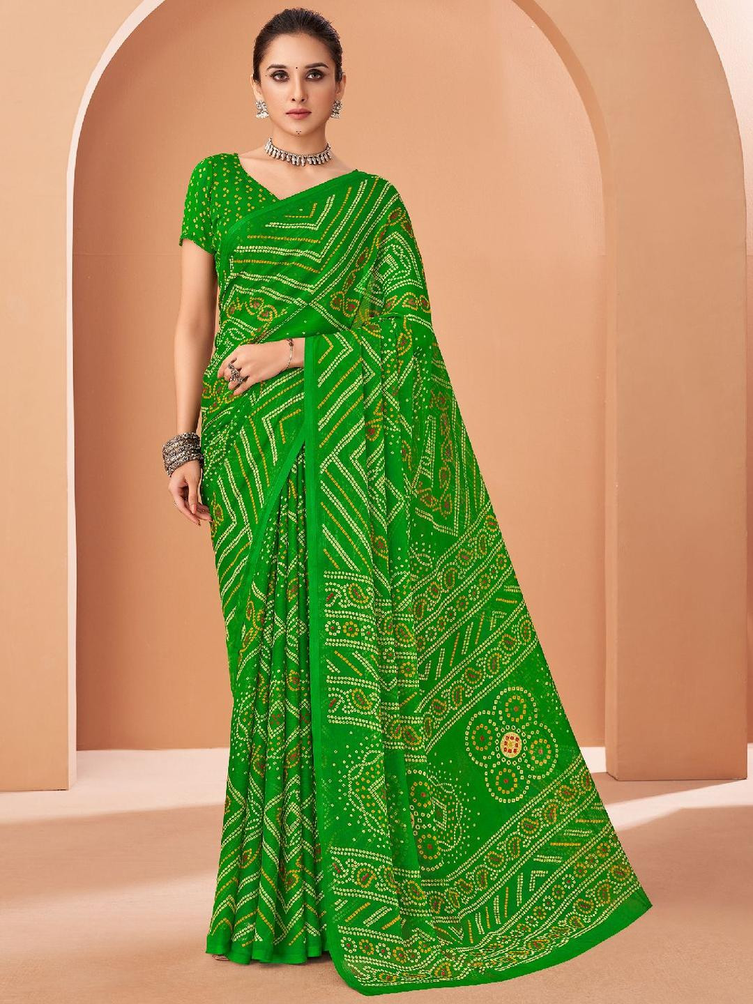 KALINI Lime Bandhani Printed Saree With Attached Lace & Matching Blouse Piece