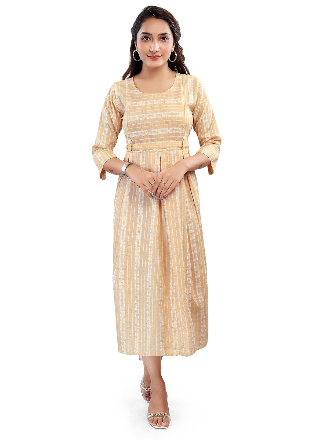 B2F Manufacturing & Designing Kurti Women Round Neck Striped Flared Sleeves Kurta