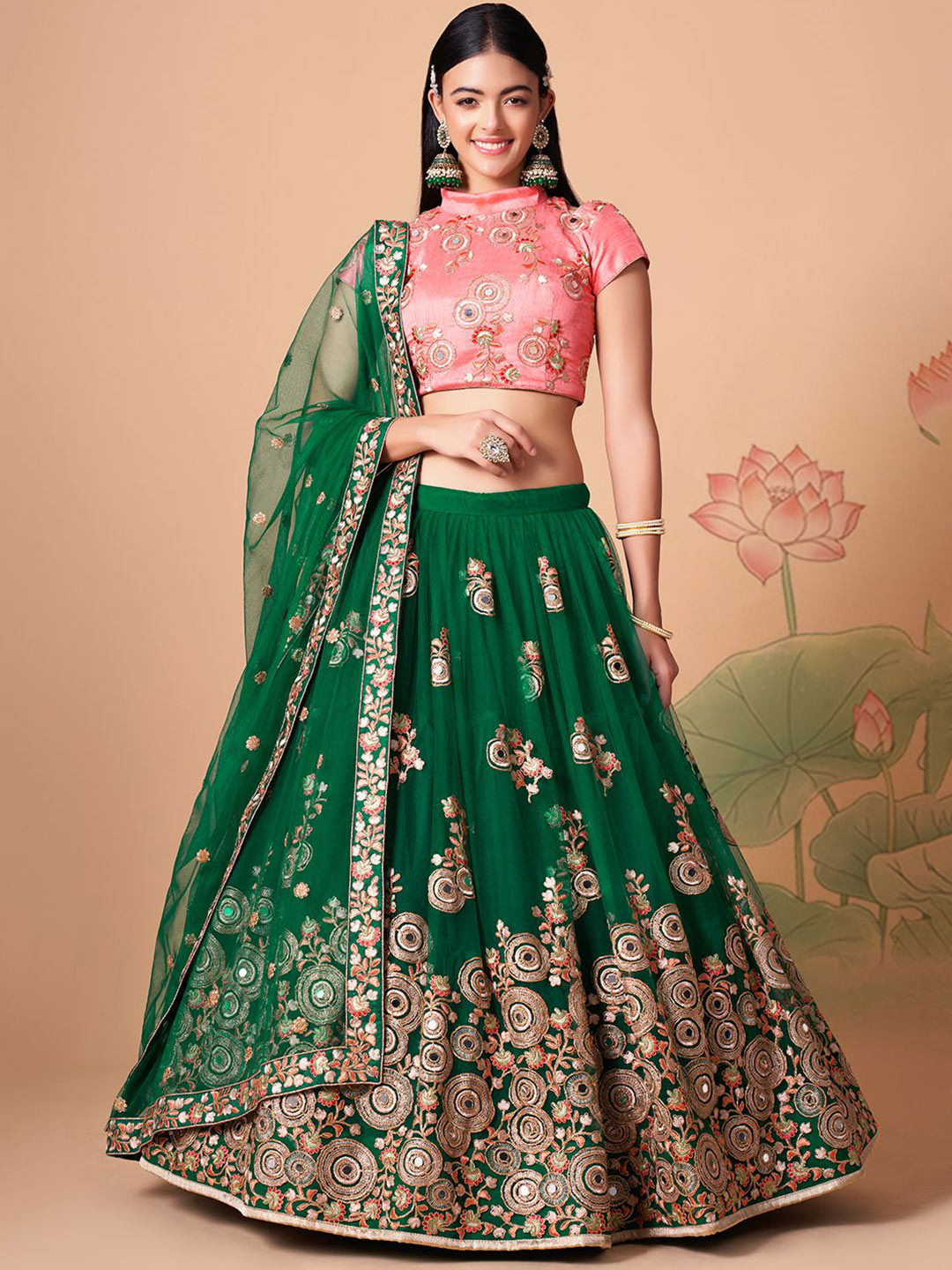 ETHNIC PLUS Green Embroidered Sequinned Net Semi-Stitched Lehenga & Blouse With Dupatta