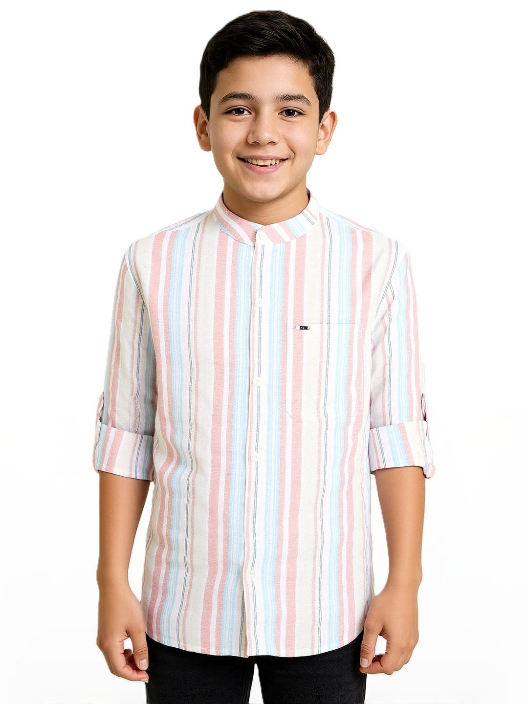 CAVIO Boys Pink Cotton Striped Mandarin Collar Full Sleeve Casual Shirt