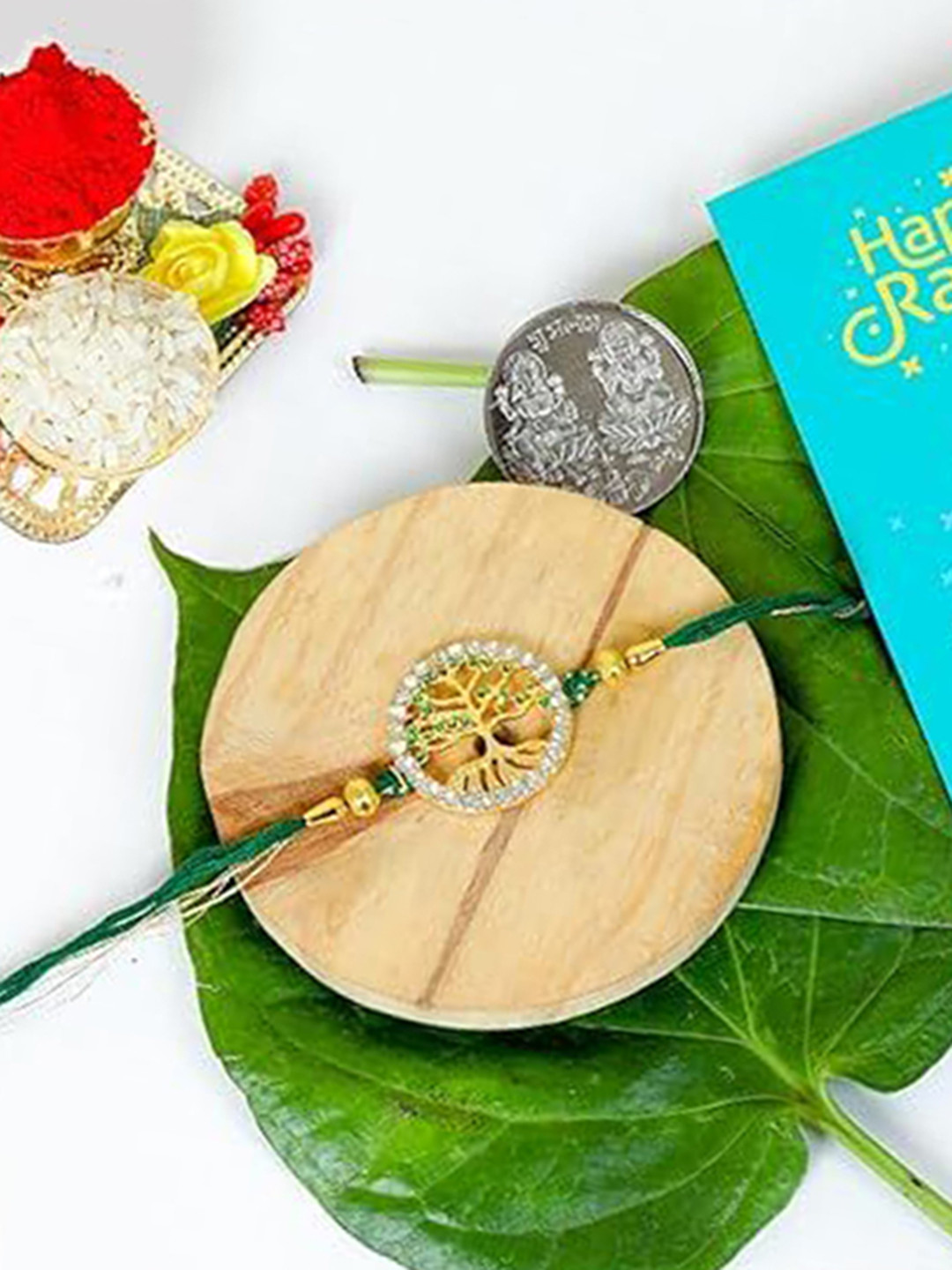 Kaameri Bazaar Beaded Thread Rakhi With Pooja Coin Greeting Card & Roli Chawal