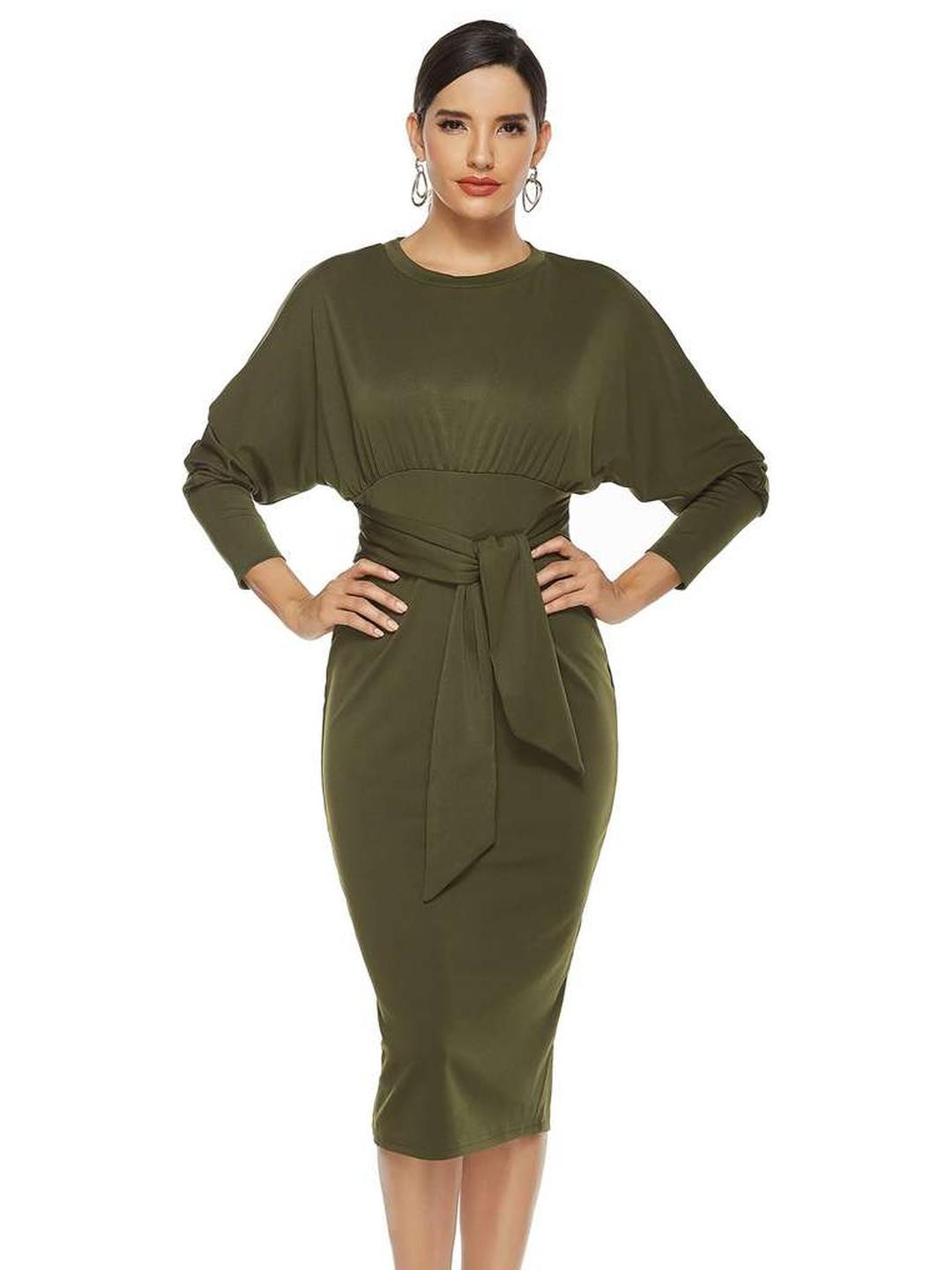 TAGVE Women's Bodycon Dark Green Midi Dress