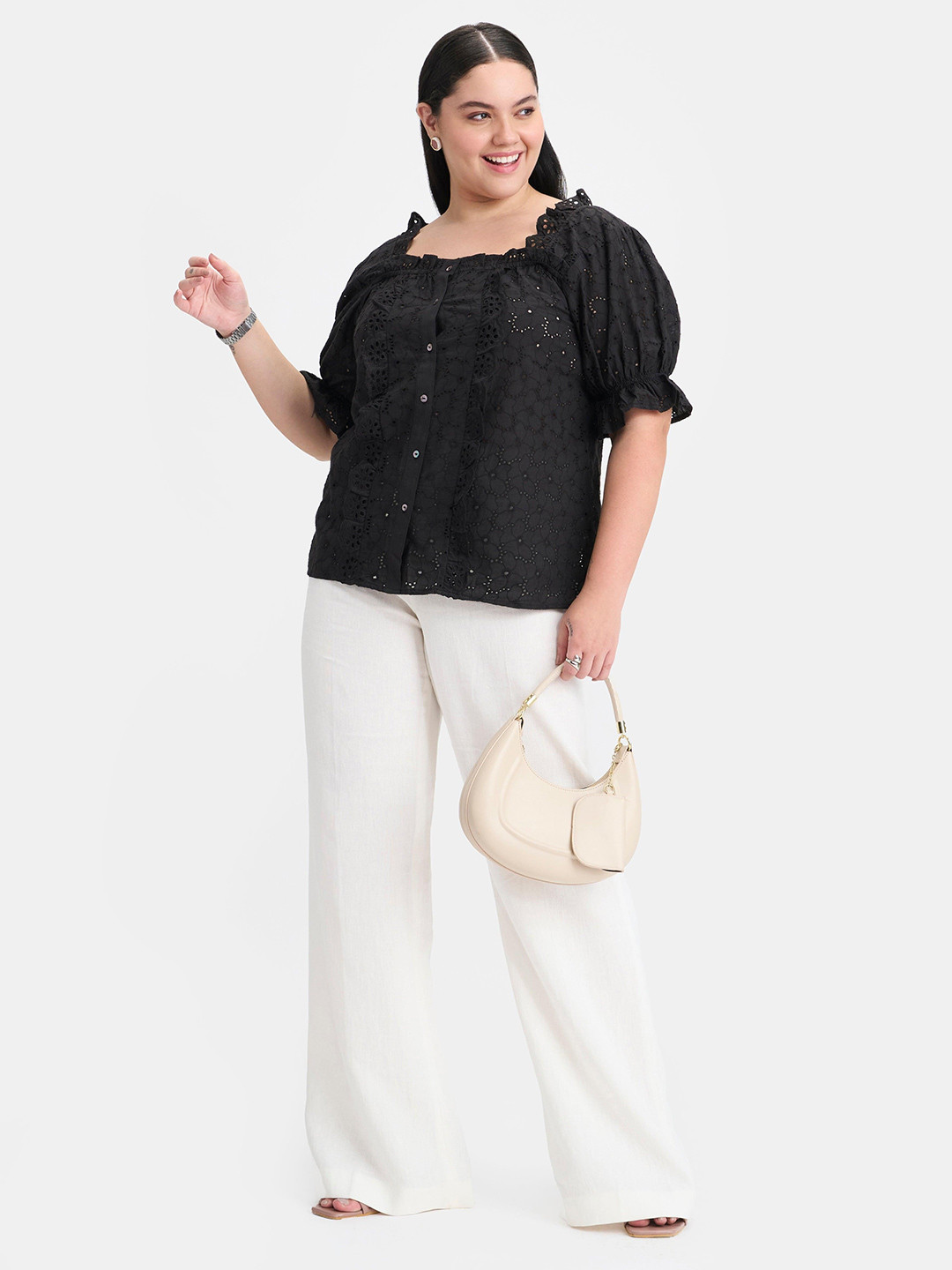 Virgio Plus Size Women Cotton Square Neck Regular Embroidered Short Sleeves Plus Size Top