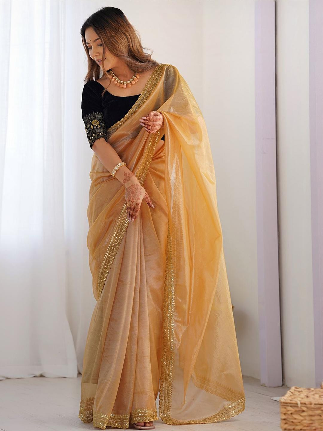 KALINI Embroiderd Border Net Saree With Unstitched Blouse Piece