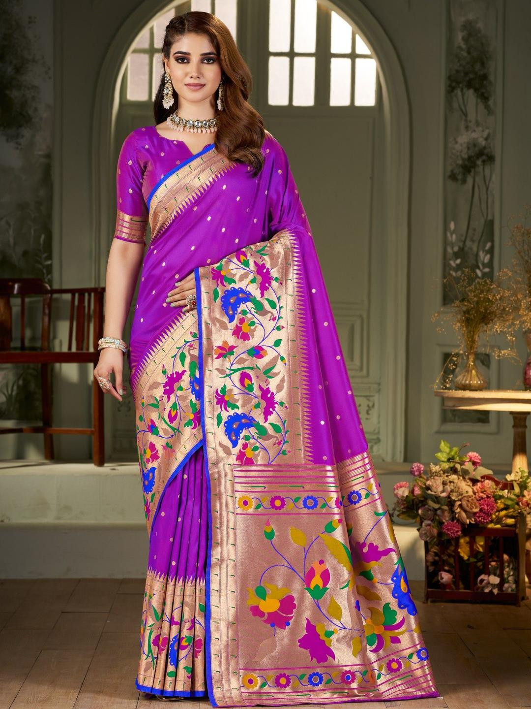 KALINI Magenta Soft Kanjeevaram Paithani Silk Saree With Matching Blouse Piece