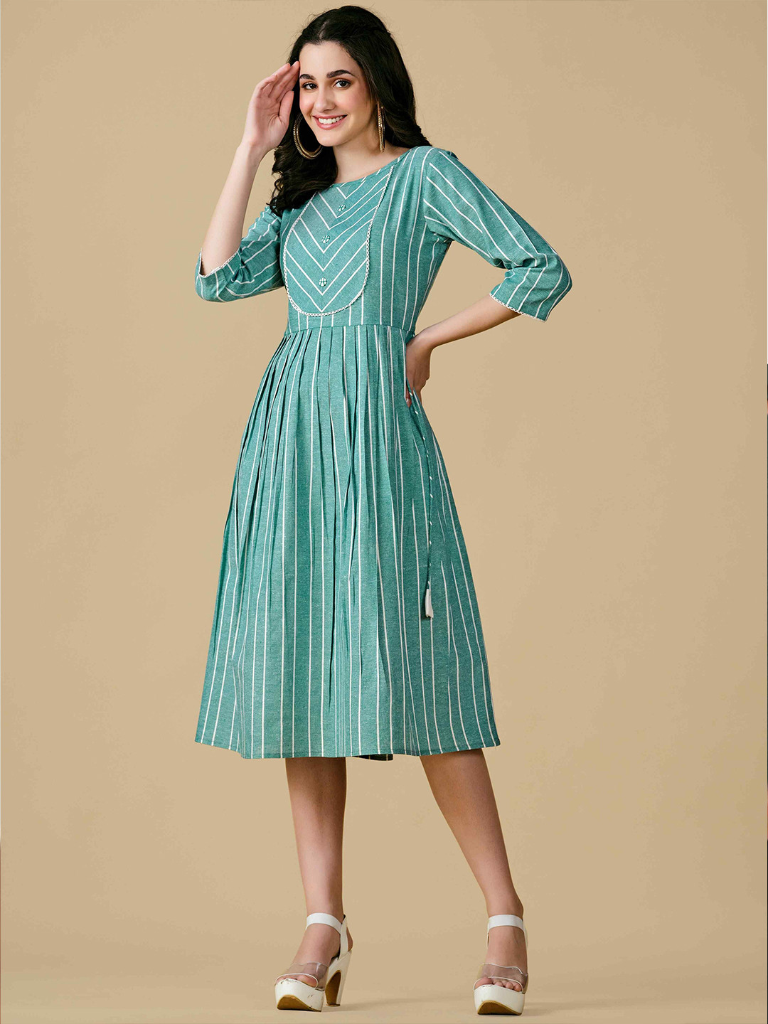 Glomee Women Striped Round Neck Cotton Fit & Flare Midi Dress