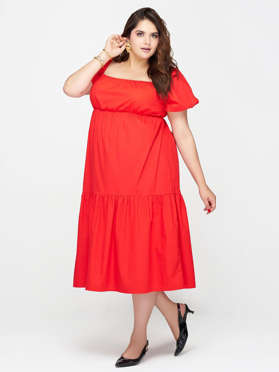 Virgio Plus Size  Women Pure Cotton Puff Sleeve Midi Dress