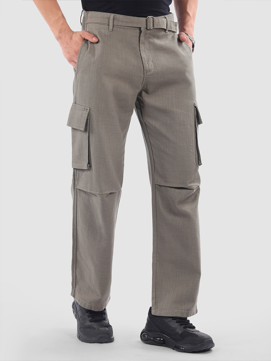 Beyoung Men Textured Mid Rise Straight Fit Adjustable Waist Cotton Cargos Trousers