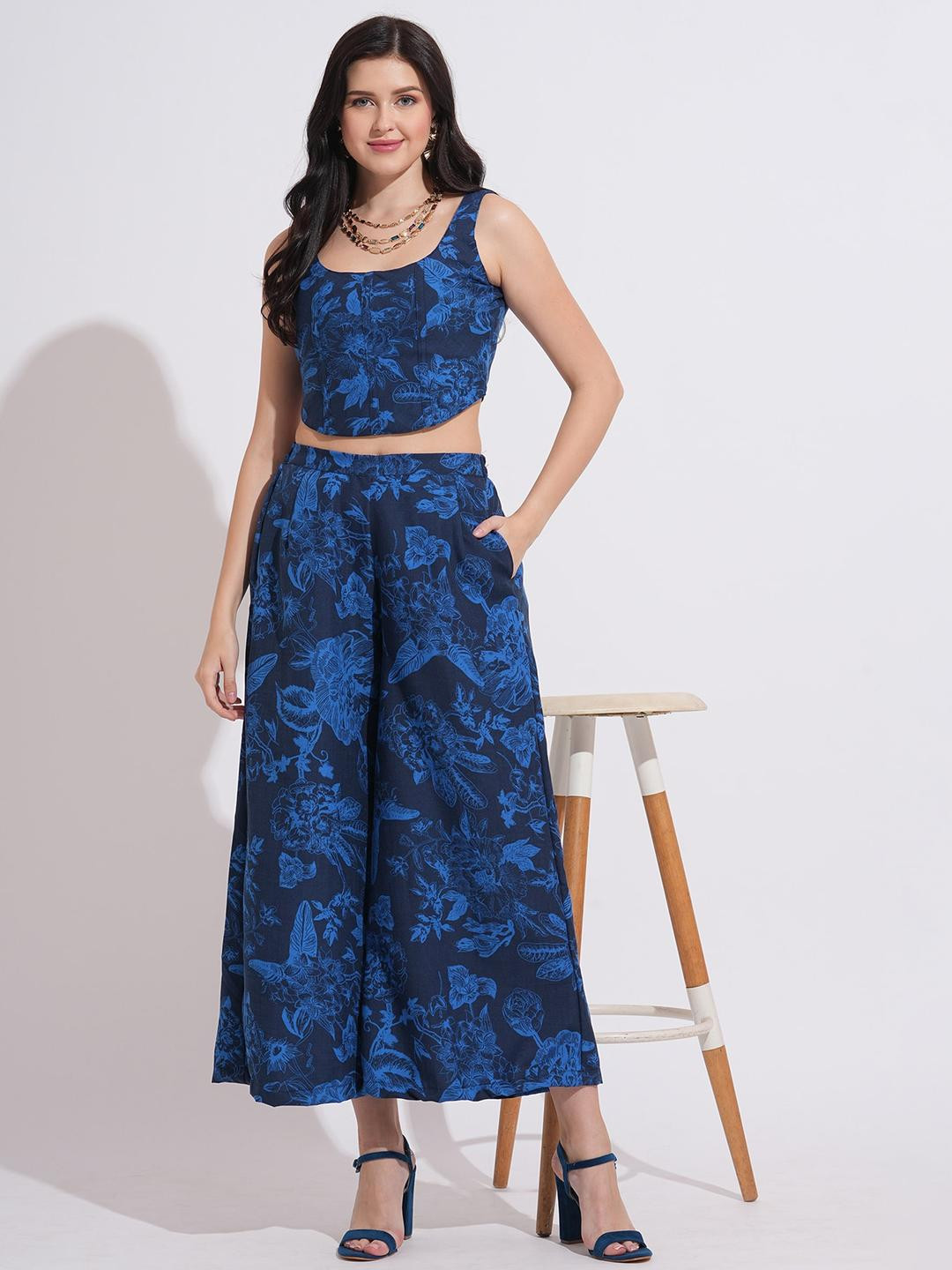 Murcia Women Navy Blue Floral Printed Corset Top & Wide Leg Pant Co-Ord Set