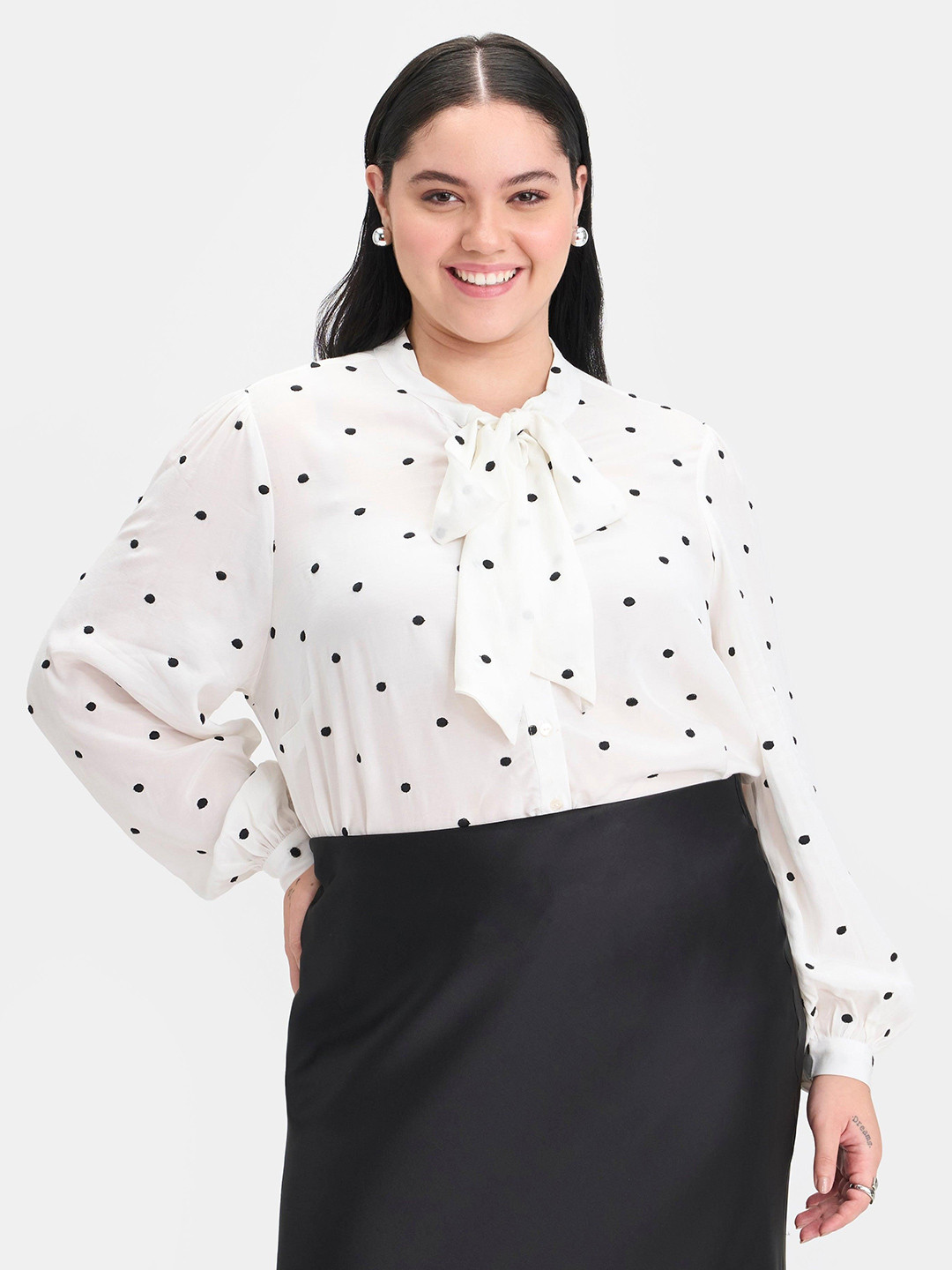 Virgio Plus Size  Women Viscose Rayon Tie-Up Neck Regular Printed Monochrome Long Sleeves Plus Size Top