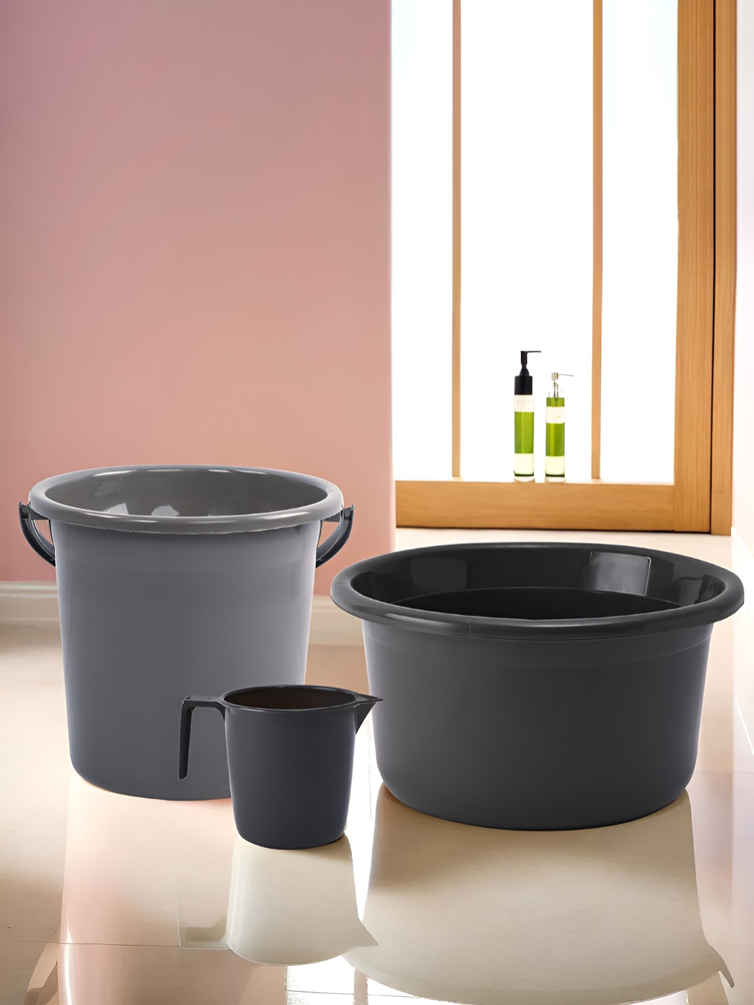 Aura Grey 3 Pieces Tub-Bucket With Mug Bath Accessories Set
