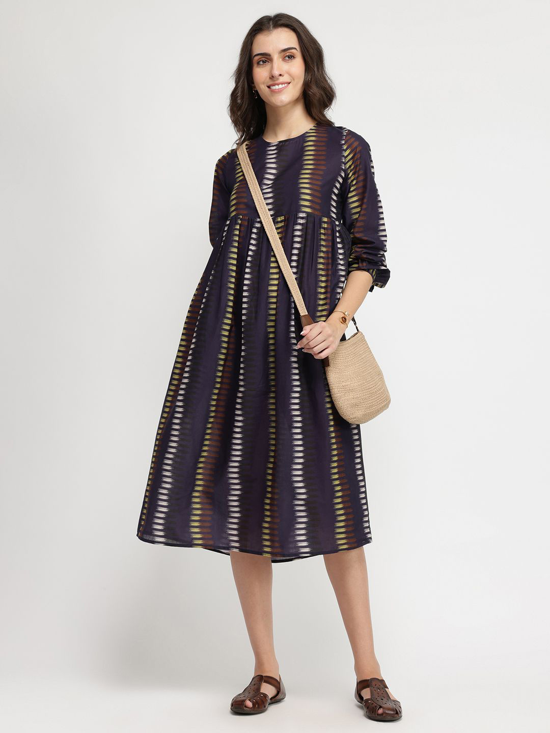Pink Fort Women Striped Gathered or Pleated Round Neck Cotton Fit and Flare Dress