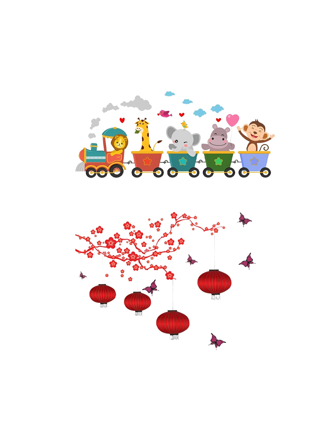 prettykrafts 2Pcs Green & Red Animals On Train & Bird Cage Wall Stickers