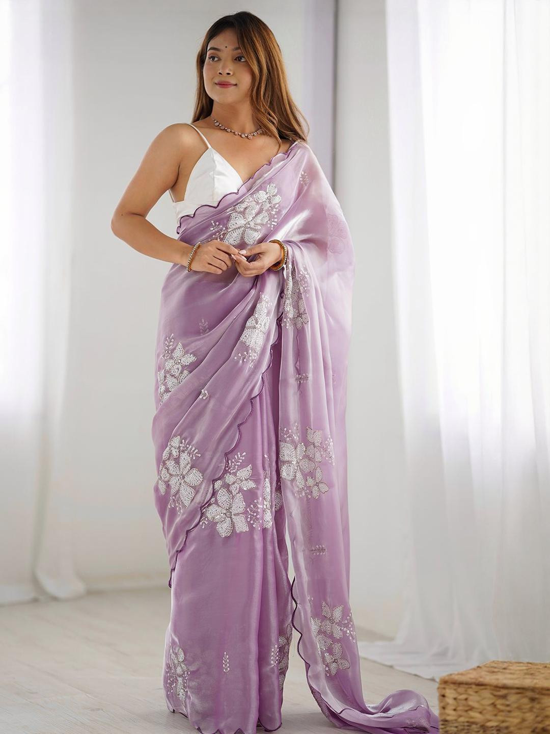 KALINI Lavender Jimmychoo Embroidery Work Saree With Unstitched Blouse Piece