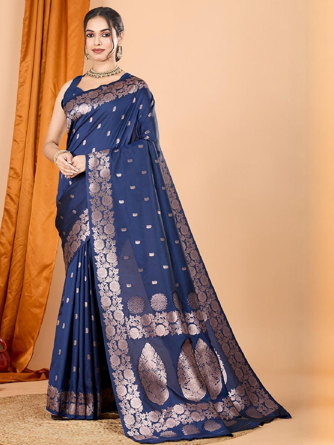 DWIJA FASHION Woven Design Zari Banarasi Silk Saree With Unstitched Blouse