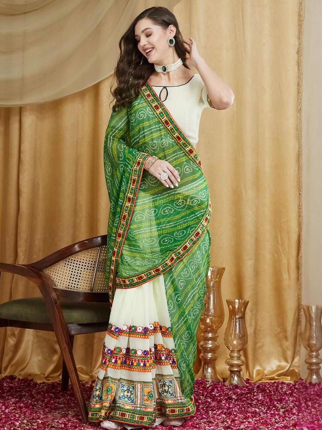 KAVINDI Printed Kutchi Embroidery Half and Half Bandhani Saree