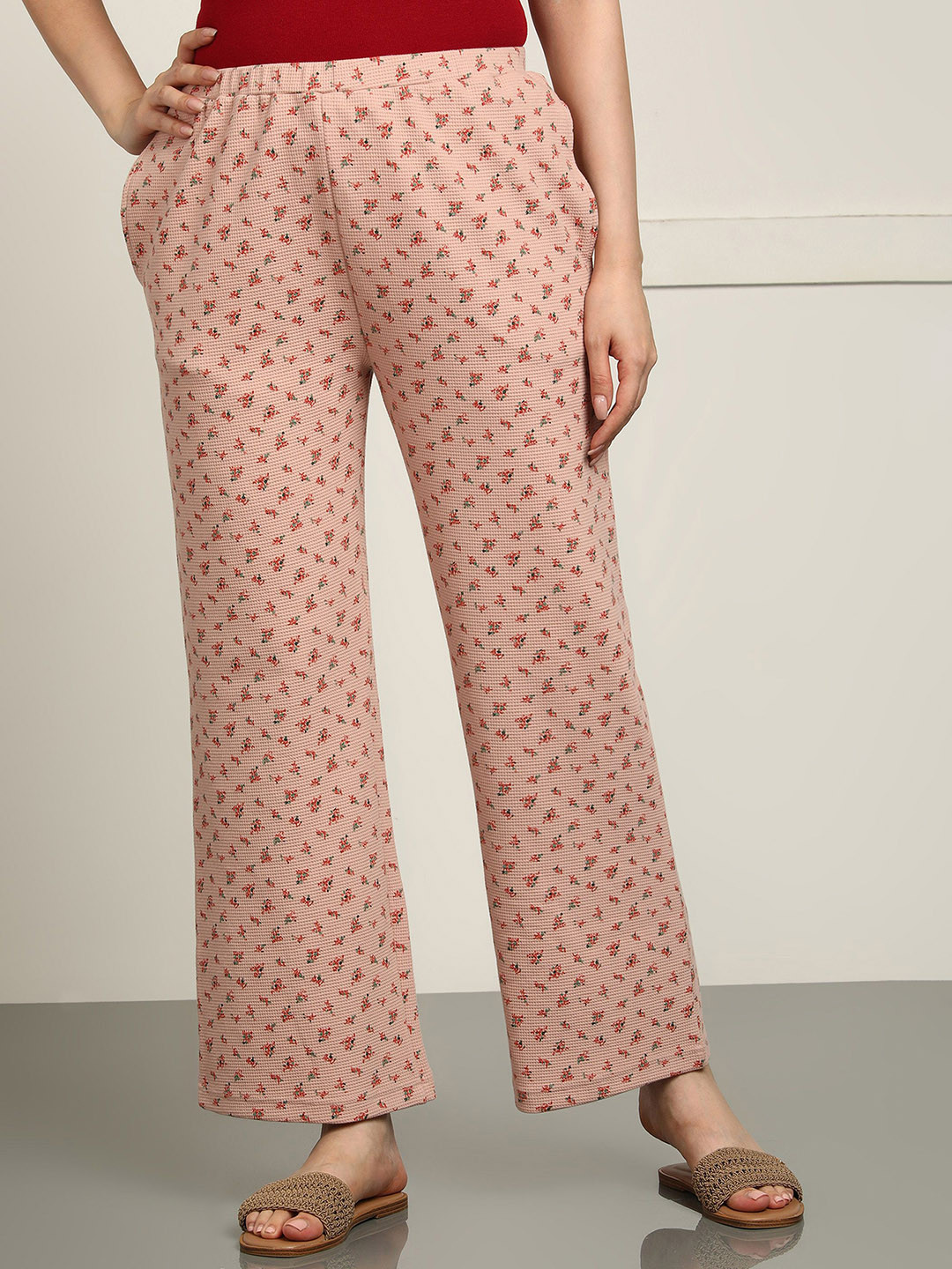Alan Jones Women Small Floral Print Stretchable Waffle Cotton Pants