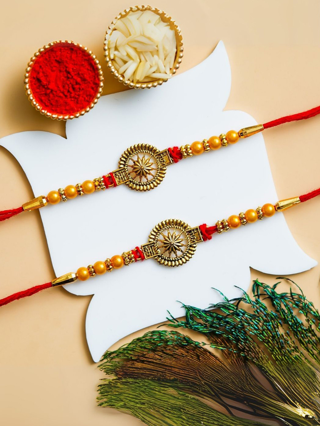 POORAK Set Of 2 Beaded Sun Rakhi With Greeting Card & Roli Chawal