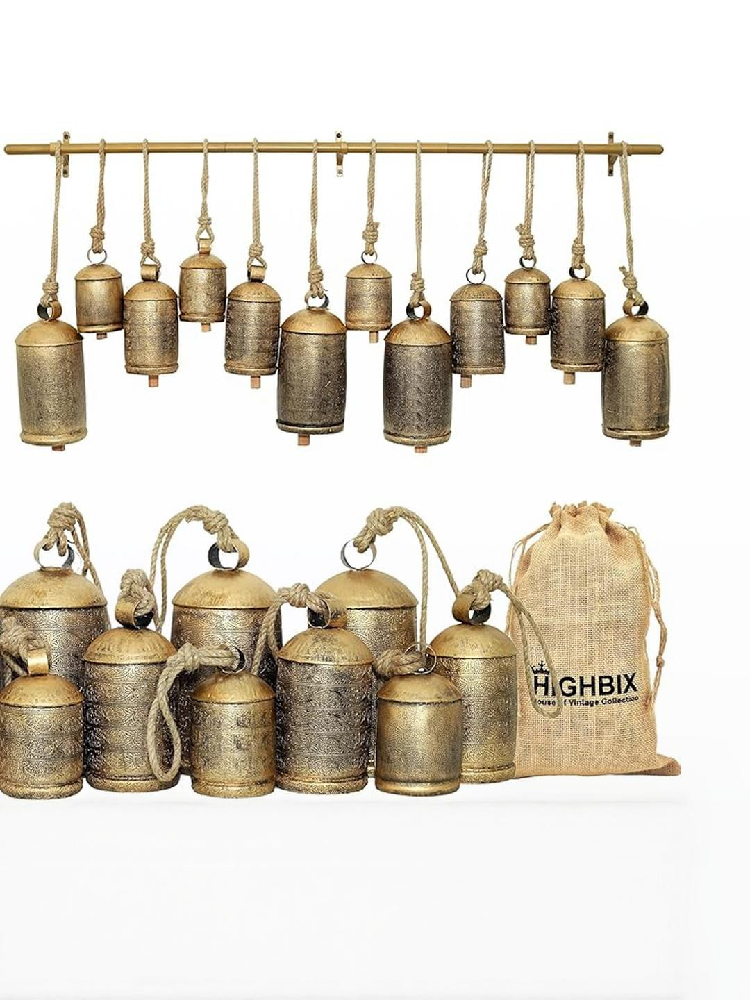 HIGHBIX Set of 12 XL Brass Rustic Cow Bells with Floral Handmade Vintage