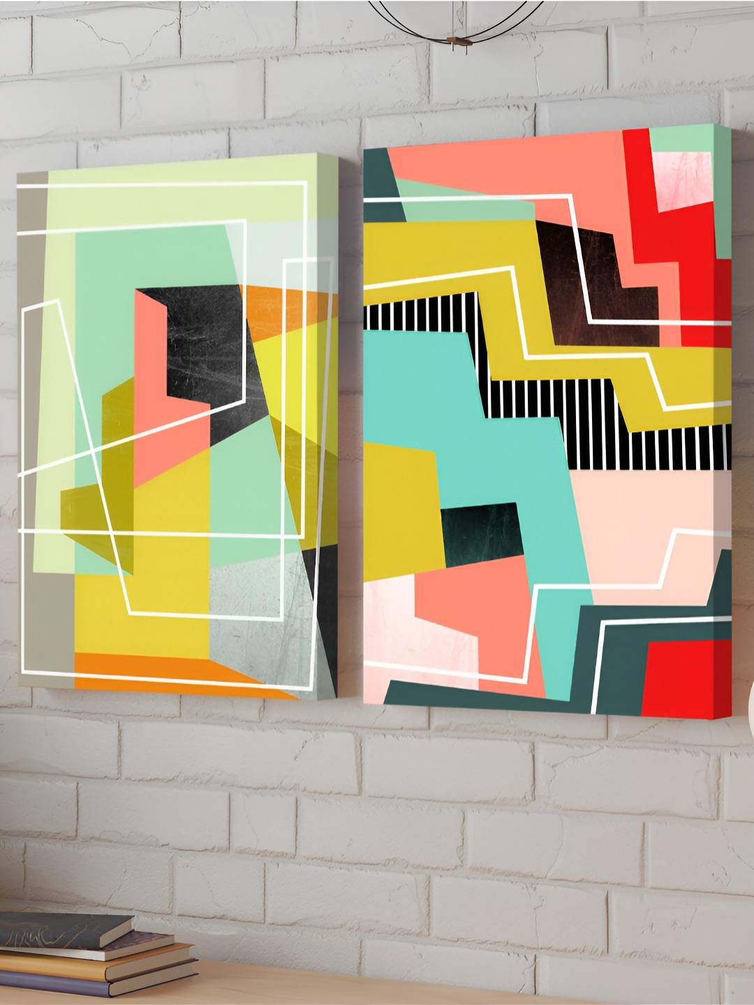 Livin'luxe Abstract Landscape 2- Minimalist Pink Yellow, Striped Frame Painting Wall Art