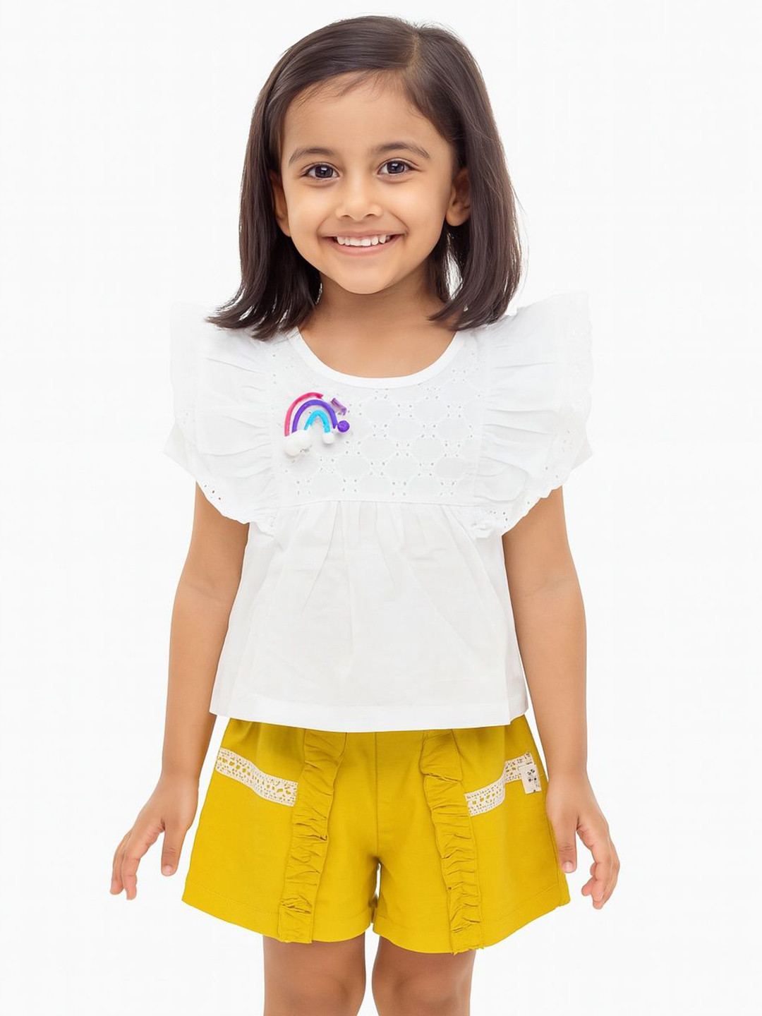 POP STREET KIDS Girls Self Design Round Neck Flutter SLeeves Top With Shorts