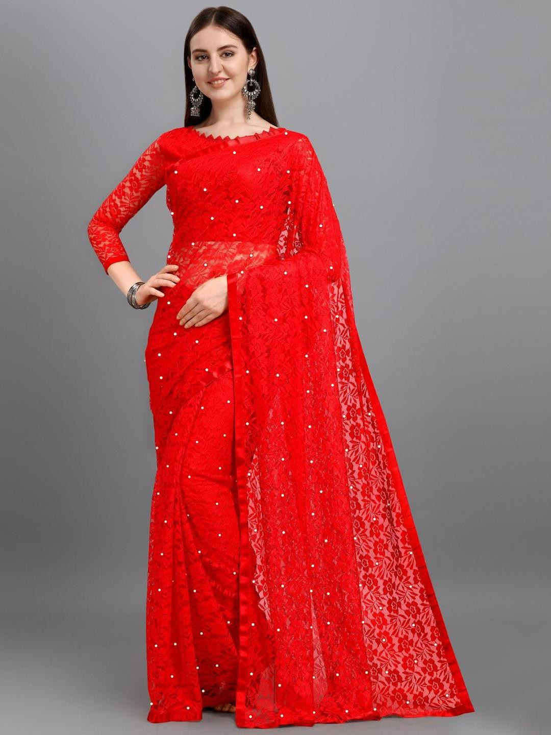 LOROFY Floral Embroidered Net Saree with Bead Work & Unstitched Blouse