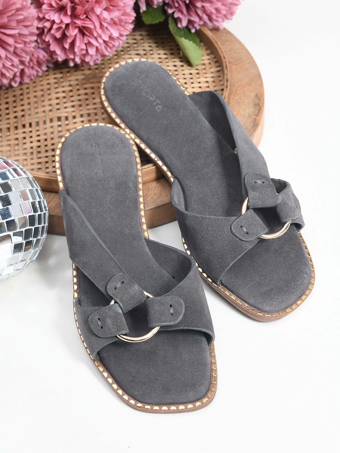 STEPT6 Women Textured Metal Ring Detail Open Toe Flats