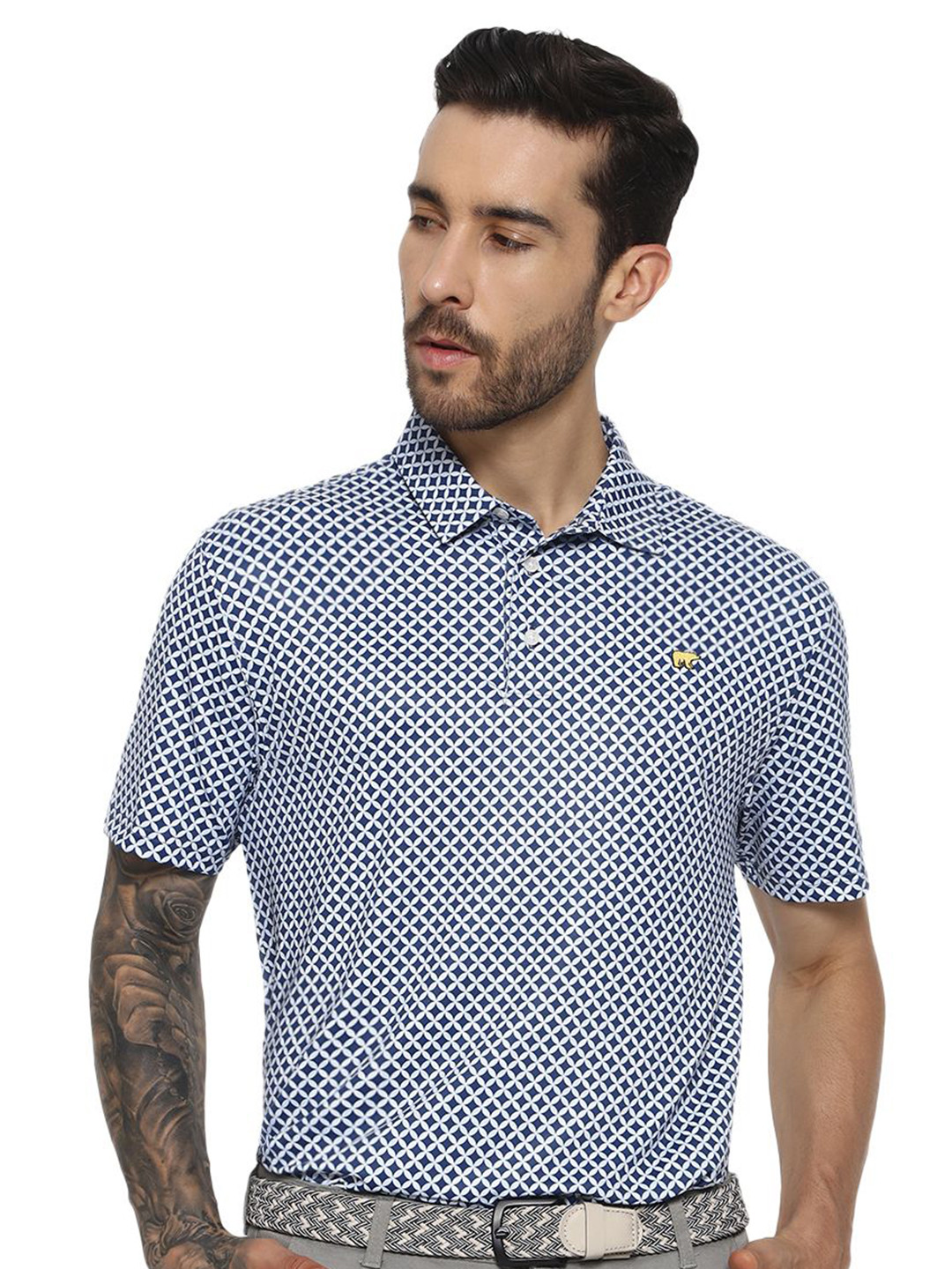 JACK NICKLAUS Blue & White Geometric Polo Collar T-shirt