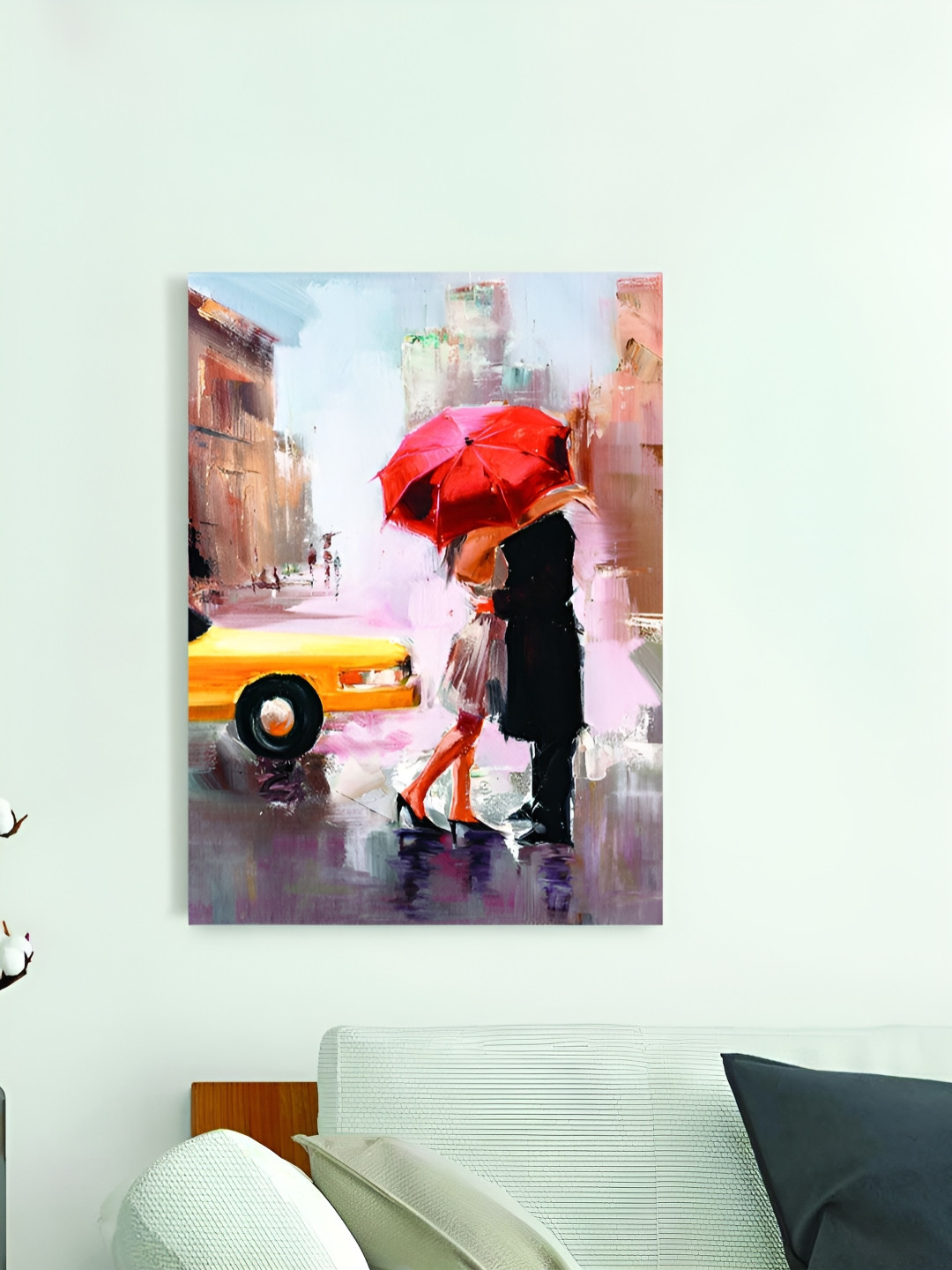 Myntra Elegant Homes Pink & Yellow Couple Under the Umbrella Abstract Canvas Wall Art