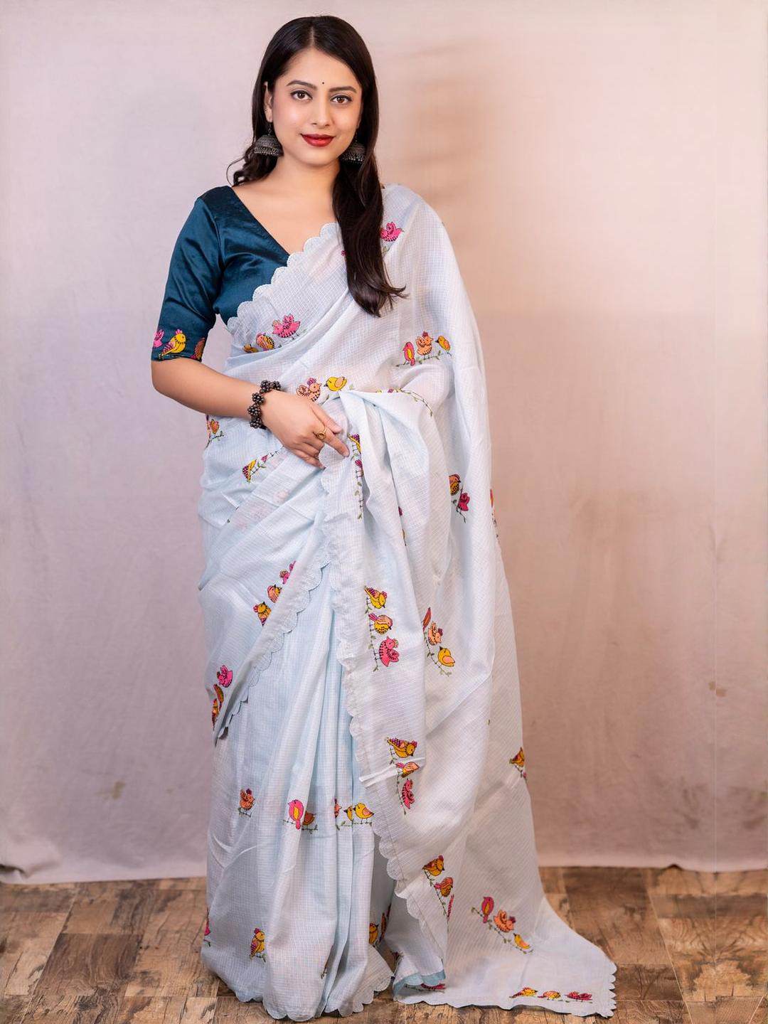 KALINI Ethnic Motifs Embroidery Work Soft Kota Silk Saree With Blouse Piece